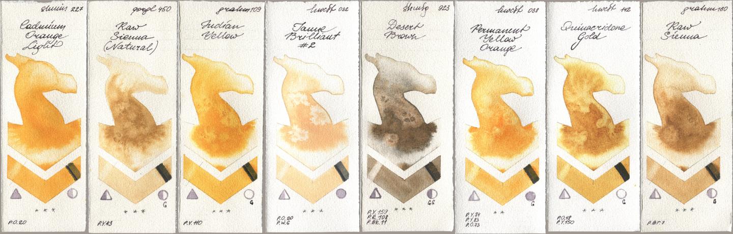 Shminke Horadam Aquarell 227 Cadmium Orange Light, Golden QOR 450 Raw Sienna (Natural), M. Graham & Co. Artists 109 Indian Yellow, Holbein Artists Watercolor 032 Jaune Brillant No 2, 923 Desert Brown, 038 Permanent Yellow Orange, 142 Quinacridone Gold, 160 Raw Sien watercolor swatch