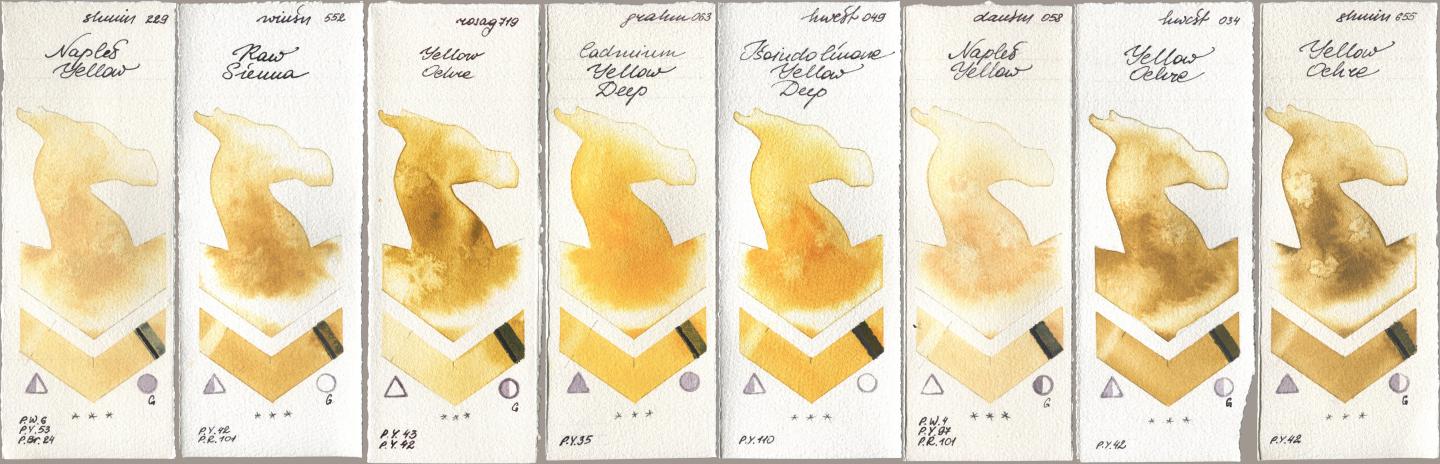Shminke Horadam Aquarell 229 Naples Yellow, Winsor & Newton Professional 552 Raw Sienna, Rosa Gallery 719 Yellow Ochre, M. Graham & Co. Artists 063 Cadmium Yellow Deep, Holbein Artists Watercolor 049 Isoindolinone Yellow Deep, Daniel Smith 058 Naples Yellow, 034 Yellow Ochre, 655 Yellow Och watercolor swatch