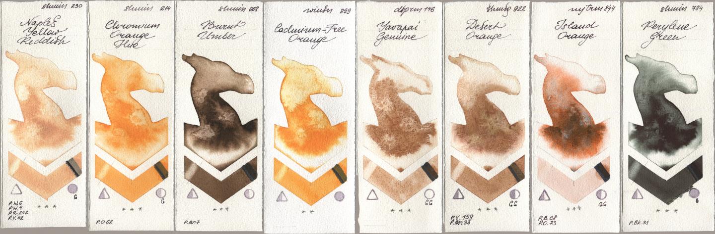 Shminke Horadam Aquarell 230 Naples Yellow Reddish, 214 Chrome Organge LF (Chromium Orange Hue), 668 Burnt Umber, Winsor & Newton Professional 899 Cadmium-Free Orange, Daniel Smith 146 Yavapai Genuine, 922 Desert Orange, Mijello Mission Gold 844 Island Orange, 784 Perylene Gre watercolor swatch