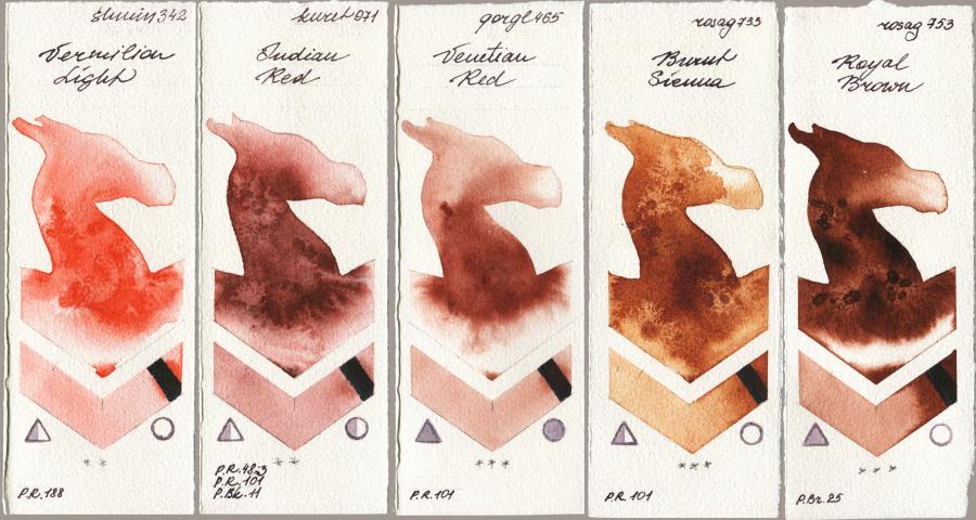 Shminke Horadam Aquarell 342 Vermilion Light vs Kuretake Gansai Tambi 071 Indian Red vs Golden QOR 465 Venetian Red vs Rosa Gallery 733 Burnt Sienna vs 753 Royal Brown watercolor swatch