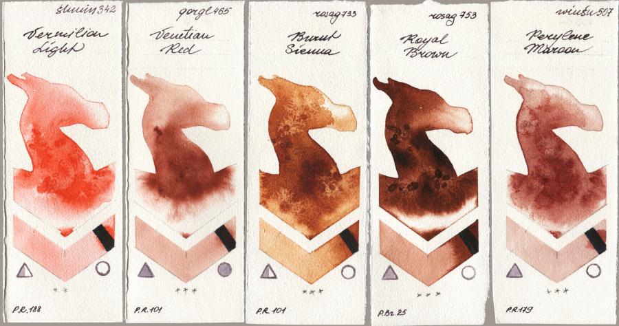 Shminke Horadam Aquarell 342 Vermilion Light vs Golden QOR 465 Venetian Red vs Rosa Gallery 733 Burnt Sienna vs 753 Royal Brown vs Winsor & Newton Professional 507 Perylene Maroon watercolor swatch