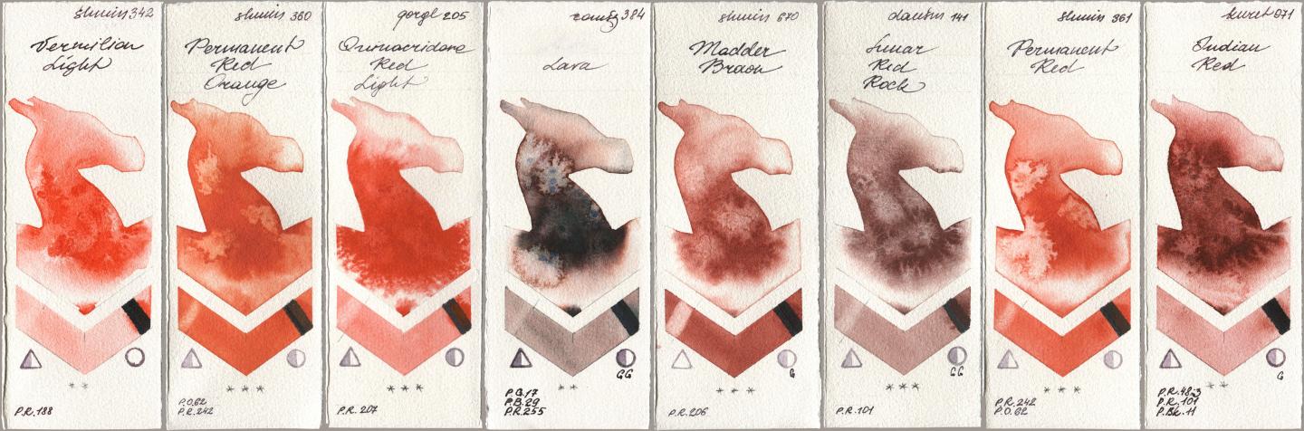 Shminke Horadam Aquarell 342 Vermilion Light, 360 Permanent Red Orange, Golden QOR 205 Quinacridone Red Light, Roman Szmal Aquarius 384 Lava, 670 Madder Brown, Daniel Smith 141 Lunar Red Rock, 361 Permanent Red, Kuretake Gansai Tambi 071 Indian R watercolor swatch