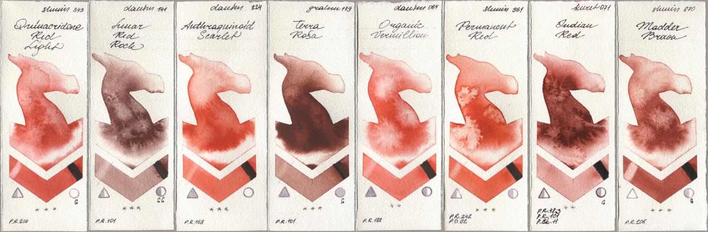 Shminke Horadam Aquarell 343 Quinacridone Red Light, Daniel Smith 141 Lunar Red Rock, 224 Anthraquinoid Scarlet, M. Graham & Co. Artists 179 Terra Rosa, 064 Organic Vermilion, 361 Permanent Red, Kuretake Gansai Tambi 071 Indian Red, 670 Madder Bro watercolor swatch