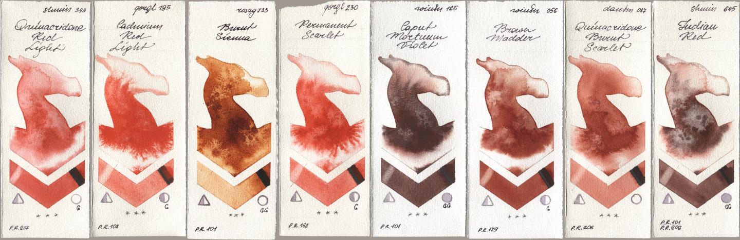 Shminke Horadam Aquarell 343 Quinacridone Red Light, Golden QOR 195 Cadmium Red Light, Rosa Gallery 733 Burnt Sienna, 230 Permanent Scarlet, Winsor & Newton Professional 125 Caput Mortuum Violet, 056 Brown Madder, Daniel Smith 087 Quinacridone Burnt Scarlet, 645 Indian R watercolor swatch