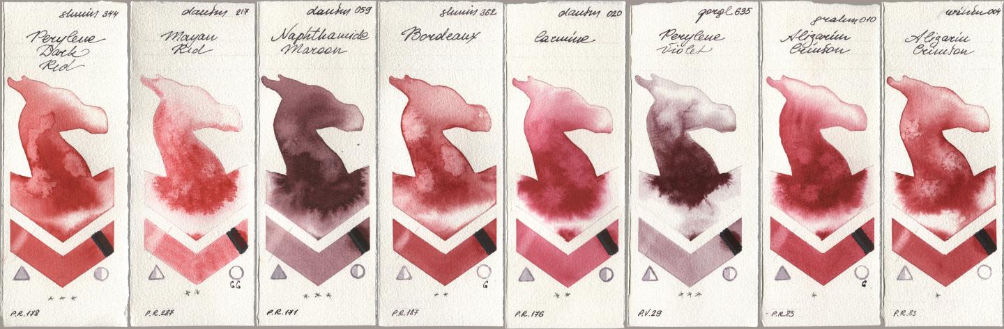 Shminke Horadam Aquarell 344 Perylene Dark Red, Daniel Smith 217 Mayan Red, 059 Naphthamide Maroon, 362 Bordeaux, 020 Carmine, Golden QOR 635 Perylene Violet, M. Graham & Co. Artists 010 Alizarin Crimson, Winsor & Newton Professional 004 Alizarin Crims watercolor swatch