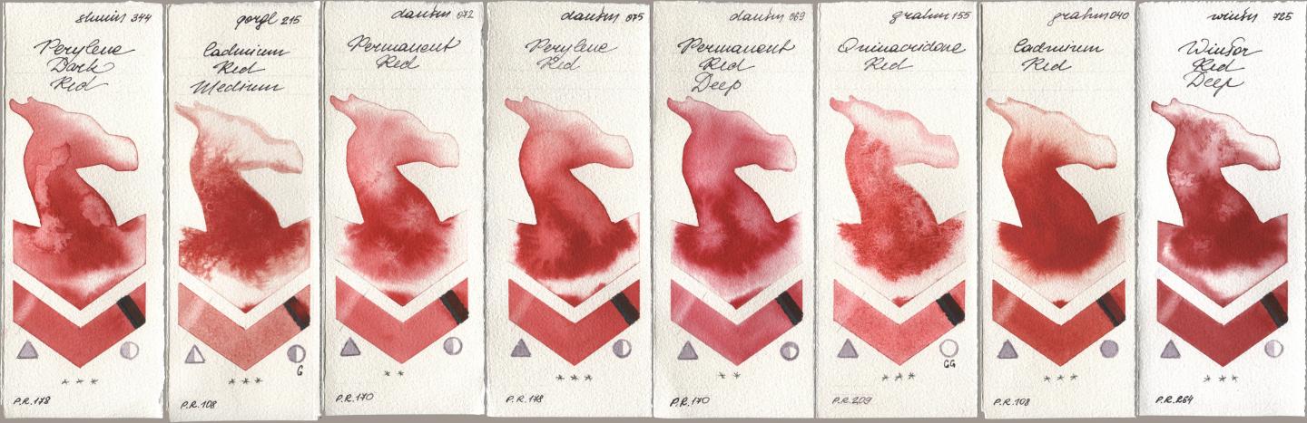 Shminke Horadam Aquarell 344 Perylene Dark Red, Golden QOR 215 Cadmium Red Medium, Daniel Smith 072 Permanent Red, 075 Perylene Red, 069 Permanent Red Deep, M. Graham & Co. Artists 155 Quinacridone Red, 040 Cadmium Red, Winsor & Newton Professional 725 Winsor Red De watercolor swatch