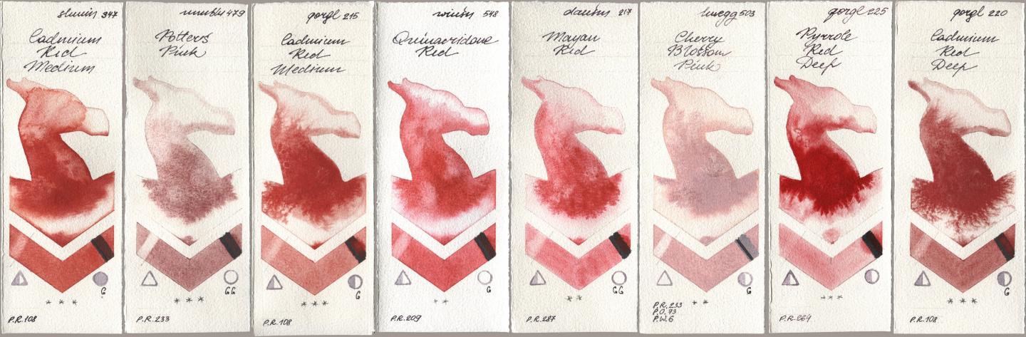 Shminke Horadam Aquarell 347 Cadmium Red Medium, Maimeri Blu 479 Potters Pink, Golden QOR 215 Cadmium Red Medium, Winsor & Newton Professional 548 Quinacridone Red, Daniel Smith 217 Mayan Red, Holbein Artists Watercolor 503 Cherry Blossom Pink, 225 Pyrrole Red Deep, 220 Cadmium Red De watercolor swatch