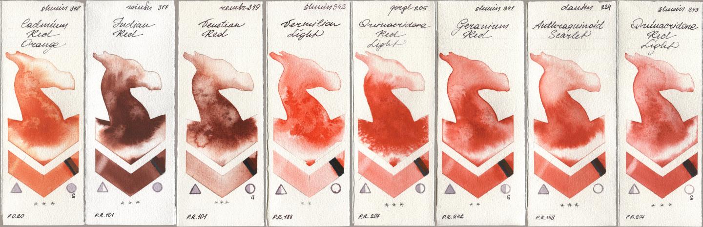 Shminke Horadam Aquarell 348 Cadmium Red Orange, Winsor & Newton Professional 317 Indian Red, Royal Talens Rembrandt Watercolour 349 Venerian Red, 342 Vermilion Light, Golden QOR 205 Quinacridone Red Light, 341 Geranium Red, Daniel Smith 224 Anthraquinoid Scarlet, 343 Quinacridone Red Lig watercolor swatch