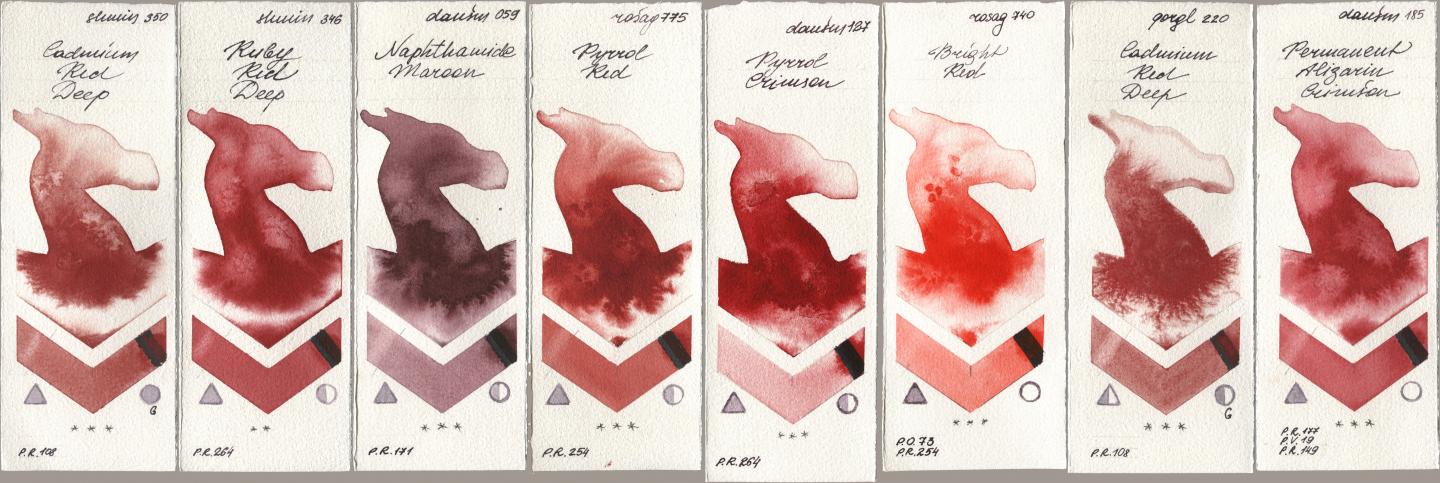 Shminke Horadam Aquarell 350 Cadmium Red Deep, 346 Ruby Red Deep, Daniel Smith 059 Naphthamide Maroon, Rosa Gallery 775 Pyrrole Red, 127 Pyrrol Crimson, 740 Bright Red, Golden QOR 220 Cadmium Red Deep, 185 Permanent Alizarin Crims watercolor swatch