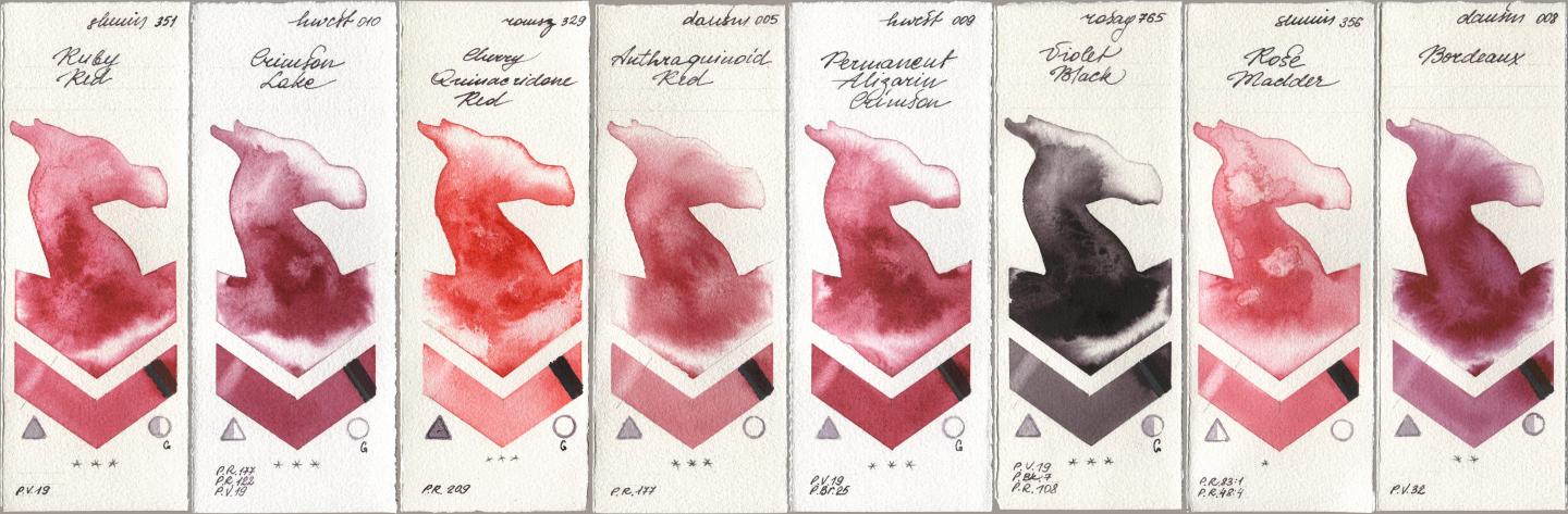 Shminke Horadam Aquarell 351 Ruby Red, Holbein Artists Watercolor 010 Crimson Lake, Roman Szmal Aquarius 329 Cherry Quinacridone Red, Daniel Smith 005 Anthraquinoid Red, 009 Permanent Alizarin Crimson, Rosa Gallery 765 Violet Black, 356 Rose Madder, 008 Bordea watercolor swatch