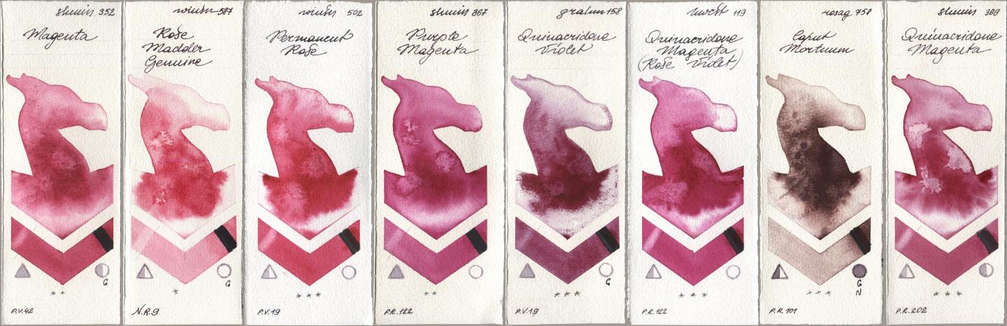 Shminke Horadam Aquarell 352 Magenta, Winsor & Newton Professional 587 Rose Madder Genuine, 502 Permanent Rose, 367 Purple Magenta, M. Graham & Co. Artists 158 Quinacridone Violet, Holbein Artists Watercolor 119 Quinacridone Magenta (Rose Violet), Rosa Gallery 758 Caput Mortuum, 369 Quinacridone Magen watercolor swatch