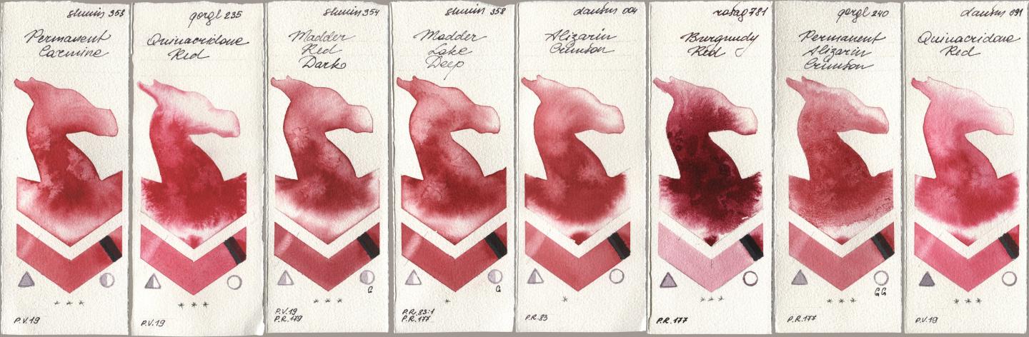 Shminke Horadam Aquarell 353 Permanent Carmine, Golden QOR 235 Quinacridone Red, 354 Madder Red Dark, 358 Madder Lake Deep, Daniel Smith 004 Alizarin Crimson, Rosa Gallery 781 Burgundy Red, 240 Permanent Alizarin Crimson, 091 Quinacridone R watercolor swatch