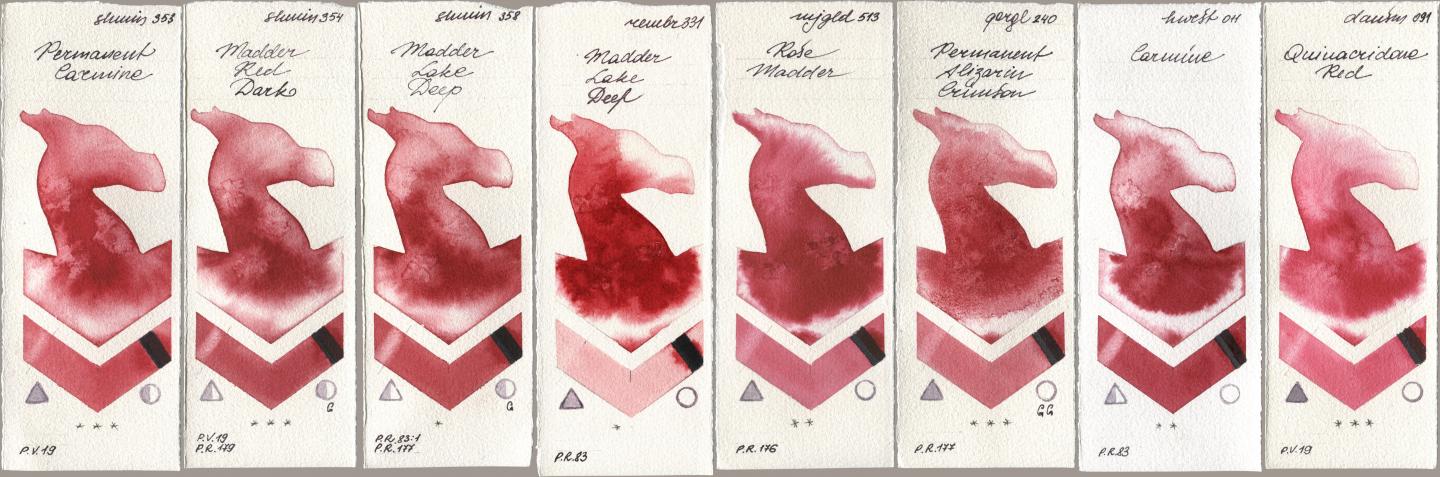 Shminke Horadam Aquarell 353 Permanent Carmine, 354 Madder Red Dark, 358 Madder Lake Deep, Royal Talens Rembrandt Watercolour 331 Madder Lake Deep, Mijello Mission Gold 513 Rose Madder, Golden QOR 240 Permanent Alizarin Crimson, Holbein Artists Watercolor 011 Carmine, Daniel Smith 091 Quinacridone R watercolor swatch
