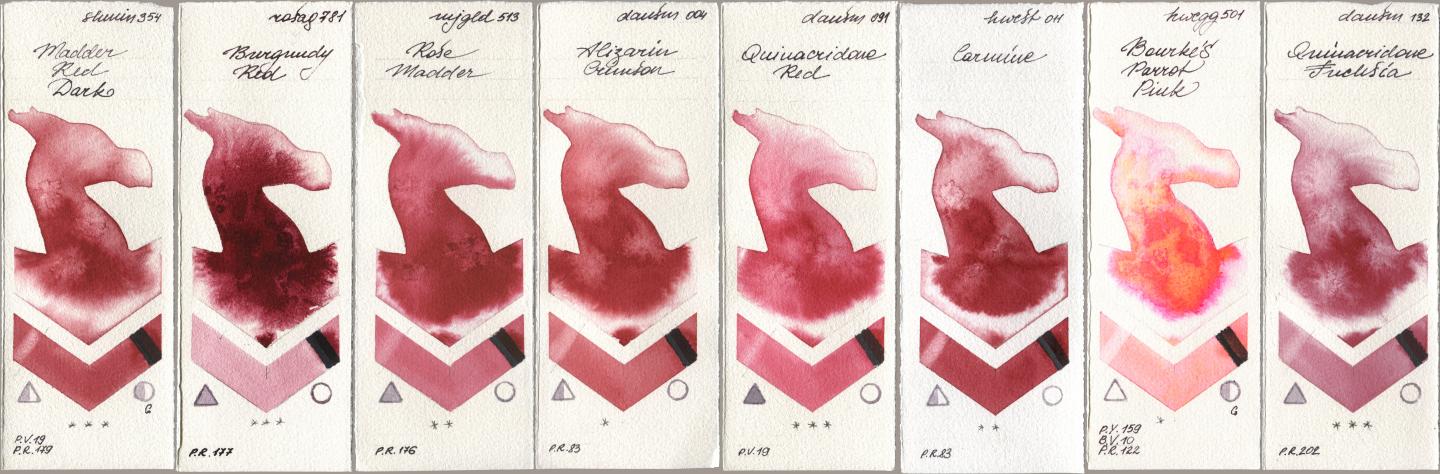 Shminke Horadam Aquarell 354 Madder Red Dark, Rosa Gallery 781 Burgundy Red, Mijello Mission Gold 513 Rose Madder, Daniel Smith 004 Alizarin Crimson, 091 Quinacridone Red, Holbein Artists Watercolor 011 Carmine, 501 Bourkes Parrot Pink, 132 Quinacridone Fuchs watercolor swatch