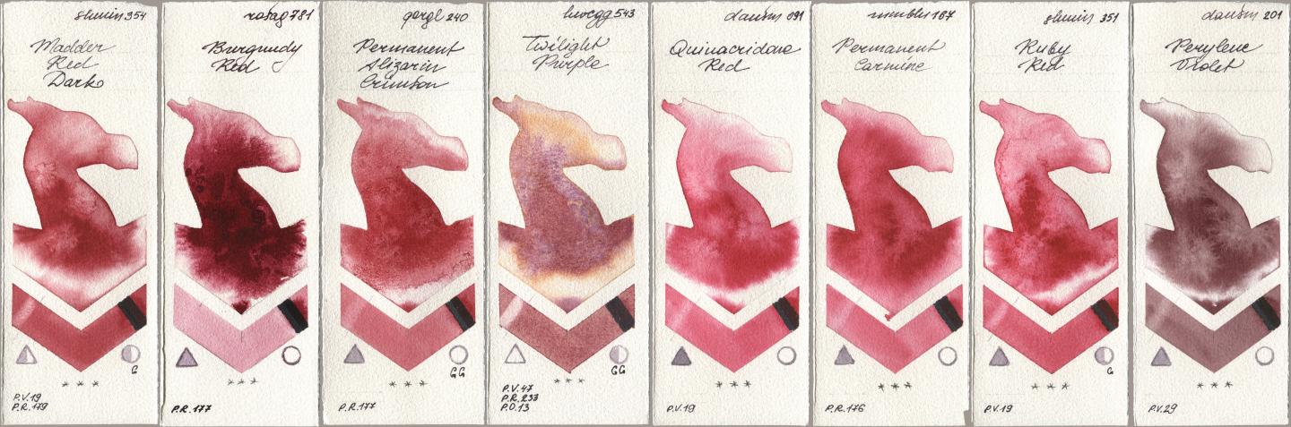 Shminke Horadam Aquarell 354 Madder Red Dark, Rosa Gallery 781 Burgundy Red, Golden QOR 240 Permanent Alizarin Crimson, Holbein Artists Watercolor 543 Twilight Purple, Daniel Smith 091 Quinacridone Red, Maimeri Blu 167 Permanent Carmine, 351 Ruby Red, 201 Perylene Viol watercolor swatch