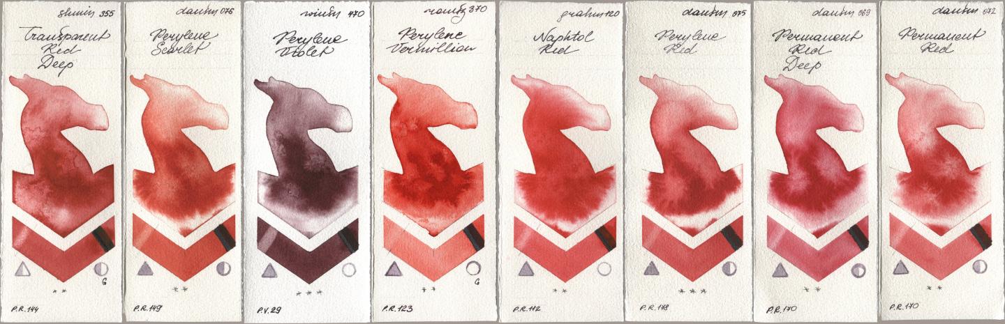 Shminke Horadam Aquarell 355 Transparent Red Deep, Daniel Smith 076 Perylene Scarlet, Winsor & Newton Professional 470 Perylene Violet, Roman Szmal Aquarius 370 Perylene Vermillion, M. Graham & Co. Artists 120 Naphthol Red, 075 Perylene Red, 069 Permanent Red Deep, 072 Permanent R watercolor swatch