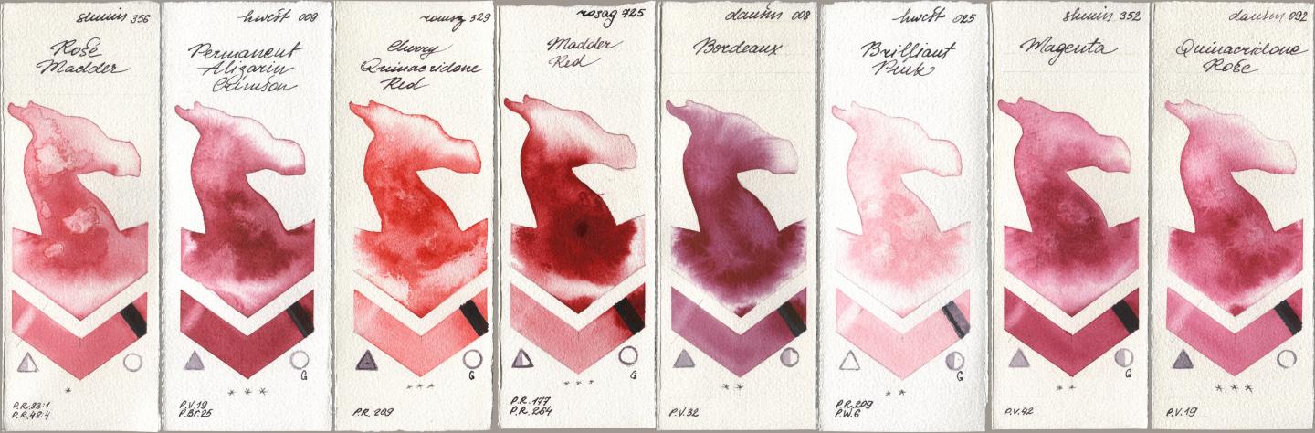 Shminke Horadam Aquarell 356 Rose Madder, Holbein Artists Watercolor 009 Permanent Alizarin Crimson, Roman Szmal Aquarius 329 Cherry Quinacridone Red, Rosa Gallery 725 Madder Red, Daniel Smith 008 Bordeaux, 025 Brilliant Pink, 352 Magenta, 092 Quinacridone Ro watercolor swatch