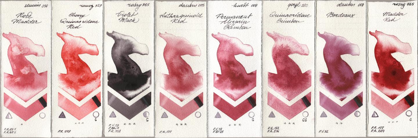 Shminke Horadam Aquarell 356 Rose Madder, Roman Szmal Aquarius 329 Cherry Quinacridone Red, Rosa Gallery 765 Violet Black, Daniel Smith 005 Anthraquinoid Red, Holbein Artists Watercolor 009 Permanent Alizarin Crimson, Golden QOR 260 Quinacridone Crimson, 008 Bordeaux, 725 Madder R watercolor swatch