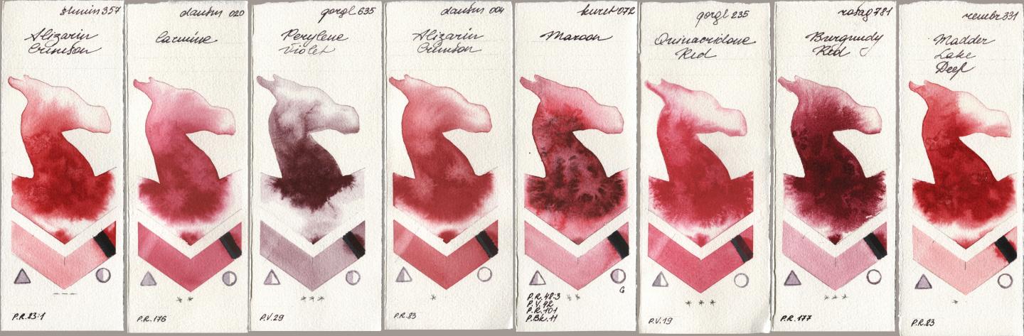 Shminke Horadam Aquarell 357 Alizarin Crimson, Daniel Smith 020 Carmine, Golden QOR 635 Perylene Violet, 004 Alizarin Crimson, Kuretake Gansai Tambi 072 Maroon, 235 Quinacridone Red, Rosa Gallery 781 Burgundy Red, Royal Talens Rembrandt Watercolour 331 Madder Lake De watercolor swatch