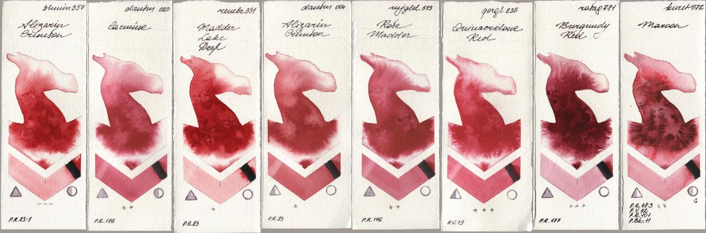 Shminke Horadam Aquarell 357 Alizarin Crimson, Daniel Smith 020 Carmine, Royal Talens Rembrandt Watercolour 331 Madder Lake Deep, 004 Alizarin Crimson, Mijello Mission Gold 513 Rose Madder, Golden QOR 235 Quinacridone Red, Rosa Gallery 781 Burgundy Red, Kuretake Gansai Tambi 072 Maro watercolor swatch