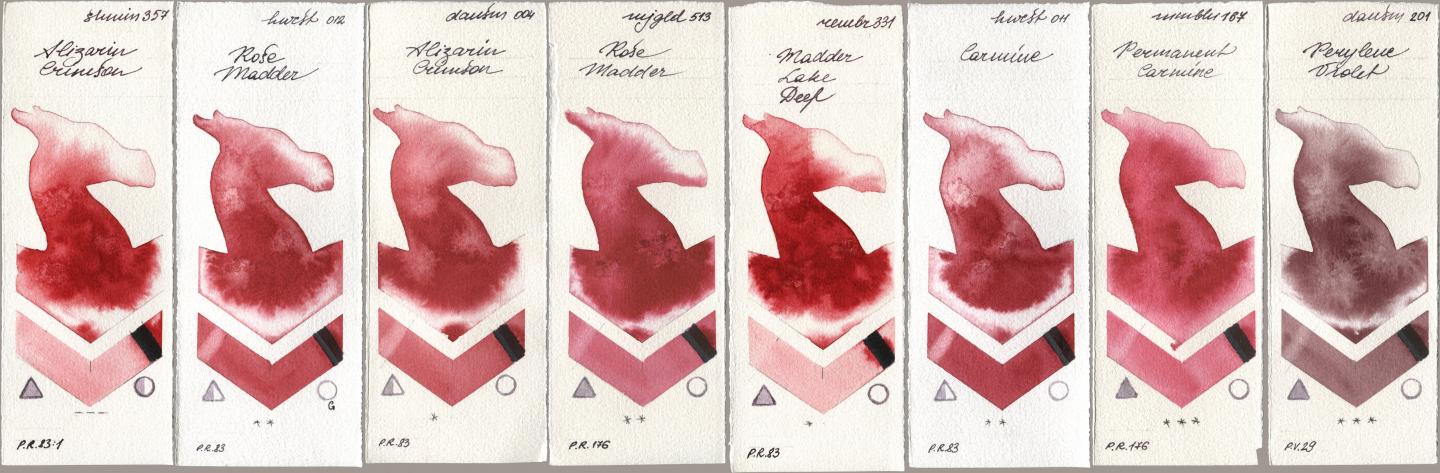 Shminke Horadam Aquarell 357 Alizarin Crimson, Holbein Artists Watercolor 012 Rose Madder, Daniel Smith 004 Alizarin Crimson, Mijello Mission Gold 513 Rose Madder, Royal Talens Rembrandt Watercolour 331 Madder Lake Deep, 011 Carmine, Maimeri Blu 167 Permanent Carmine, 201 Perylene Viol watercolor swatch