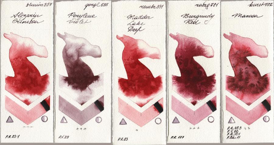 Shminke Horadam Aquarell 357 Alizarin Crimson vs Golden QOR 635 Perylene Violet vs Royal Talens Rembrandt Watercolour 331 Madder Lake Deep vs Rosa Gallery 781 Burgundy Red vs Kuretake Gansai Tambi 072 Maroon watercolor swatch
