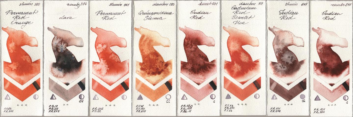 Shminke Horadam Aquarell 360 Permanent Red Orange, Roman Szmal Aquarius 384 Lava, 361 Permanent Red, Daniel Smith 093 Quinacridone Sienna, Kuretake Gansai Tambi 071 Indian Red, 219 Cadmium Red Scarlet Hue, 645 Indian Red, Royal Talens Rembrandt Watercolour 347 Indian R watercolor swatch