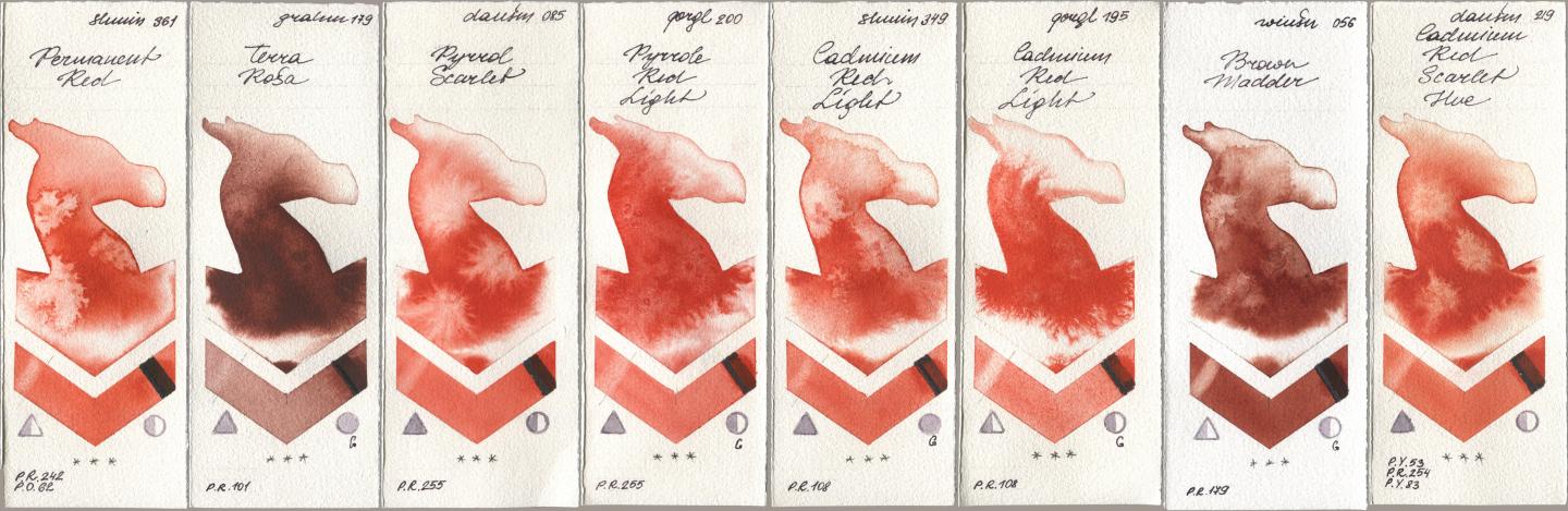 Shminke Horadam Aquarell 361 Permanent Red, M. Graham & Co. Artists 179 Terra Rosa, Daniel Smith 085 Pyrrol Scarlet, Golden QOR 200 Pyrrole Red Light, 349 Cadmium Red Light, 195 Cadmium Red Light, Winsor & Newton Professional 056 Brown Madder, 219 Cadmium Red Scarlet H watercolor swatch