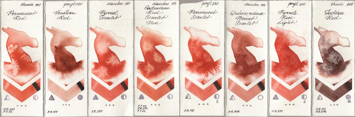Shminke Horadam Aquarell 361 Permanent Red, Golden QOR 465 Venetian Red, Daniel Smith 085 Pyrrol Scarlet, 219 Cadmium Red Scarlet Hue, 230 Permanent Scarlet, 087 Quinacridone Burnt Scarlet, 200 Pyrrole Red Light, 645 Indian R watercolor swatch