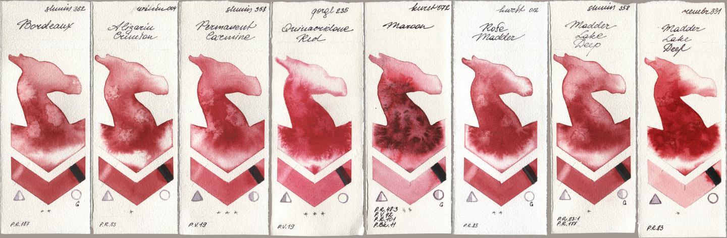 Shminke Horadam Aquarell 362 Bordeaux, Winsor & Newton Professional 004 Alizarin Crimson, 353 Permanent Carmine, Golden QOR 235 Quinacridone Red, Kuretake Gansai Tambi 072 Maroon, Holbein Artists Watercolor 012 Rose Madder, 358 Madder Lake Deep, Royal Talens Rembrandt Watercolour 331 Madder Lake De watercolor swatch