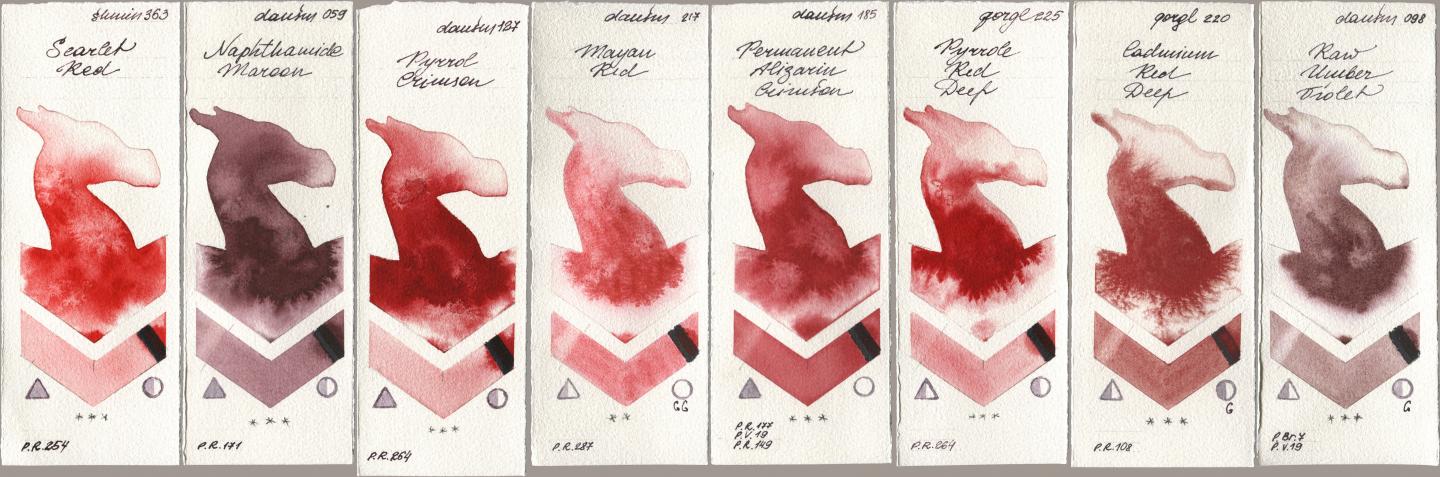 Shminke Horadam Aquarell 363 Scarlet Red, Daniel Smith 059 Naphthamide Maroon, 127 Pyrrol Crimson, 217 Mayan Red, 185 Permanent Alizarin Crimson, Golden QOR 225 Pyrrole Red Deep, 220 Cadmium Red Deep, 098 Raw Umber Viol watercolor swatch