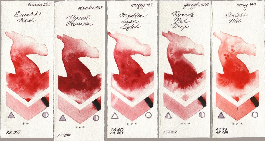 Shminke Horadam Aquarell 363 Scarlet Red vs Daniel Smith 127 Pyrrol Crimson vs Royal Talens Van Gogh Watercolour 327 Madder Lake Light vs Golden QOR 225 Pyrrole Red Deep vs Rosa Gallery 740 Bright Red watercolor swatch