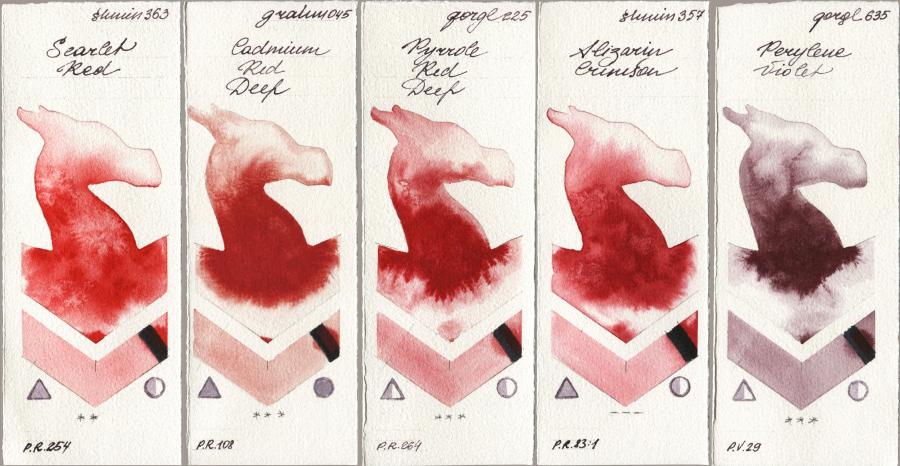 Shminke Horadam Aquarell 363 Scarlet Red vs M. Graham & Co. Artists 045 Cadmium Red Deep vs Golden QOR 225 Pyrrole Red Deep vs 357 Alizarin Crimson vs 635 Perylene Violet watercolor swatch