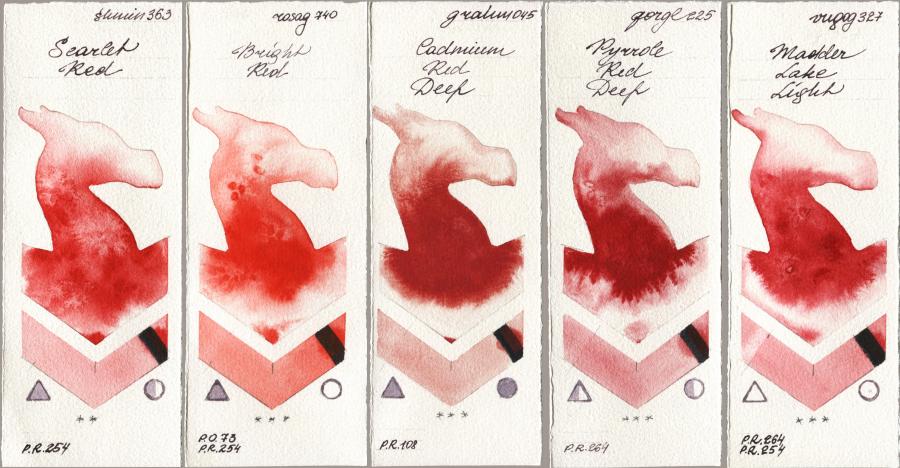 Shminke Horadam Aquarell 363 Scarlet Red vs Rosa Gallery 740 Bright Red vs M. Graham & Co. Artists 045 Cadmium Red Deep vs Golden QOR 225 Pyrrole Red Deep vs Royal Talens Van Gogh Watercolour 327 Madder Lake Light watercolor swatch
