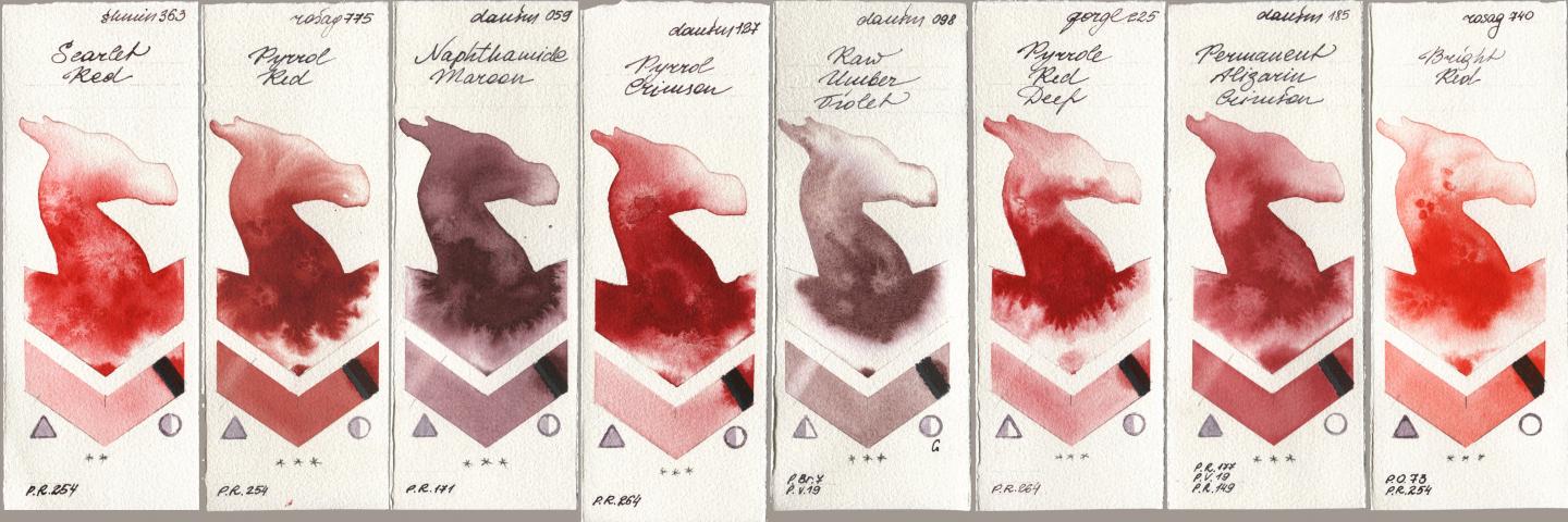 Shminke Horadam Aquarell 363 Scarlet Red, Rosa Gallery 775 Pyrrole Red, Daniel Smith 059 Naphthamide Maroon, 127 Pyrrol Crimson, 098 Raw Umber Violet, Golden QOR 225 Pyrrole Red Deep, 185 Permanent Alizarin Crimson, 740 Bright R watercolor swatch