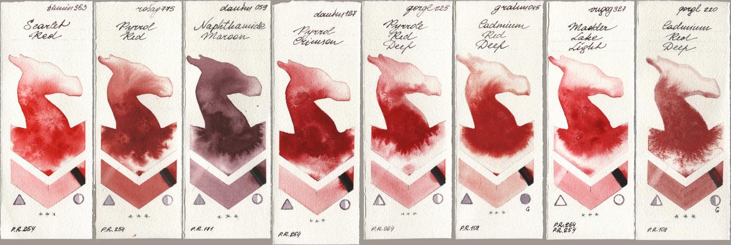 Shminke Horadam Aquarell 363 Scarlet Red, Rosa Gallery 775 Pyrrole Red, Daniel Smith 059 Naphthamide Maroon, 127 Pyrrol Crimson, Golden QOR 225 Pyrrole Red Deep, M. Graham & Co. Artists 045 Cadmium Red Deep, Royal Talens Van Gogh Watercolour 327 Madder Lake Light, 220 Cadmium Red De watercolor swatch