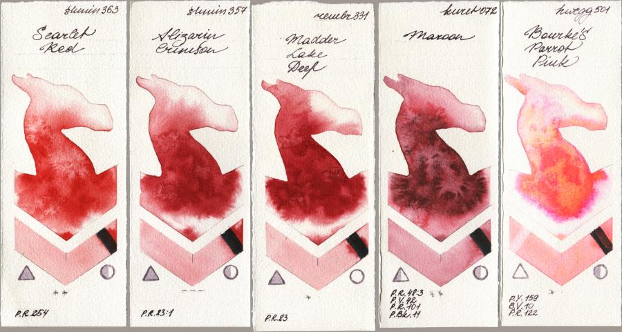 Shminke Horadam Aquarell 363 Scarlet Red vs 357 Alizarin Crimson vs Royal Talens Rembrandt Watercolour 331 Madder Lake Deep vs Kuretake Gansai Tambi 072 Maroon vs Holbein Artists Watercolor 501 Bourkes Parrot Pink watercolor swatch