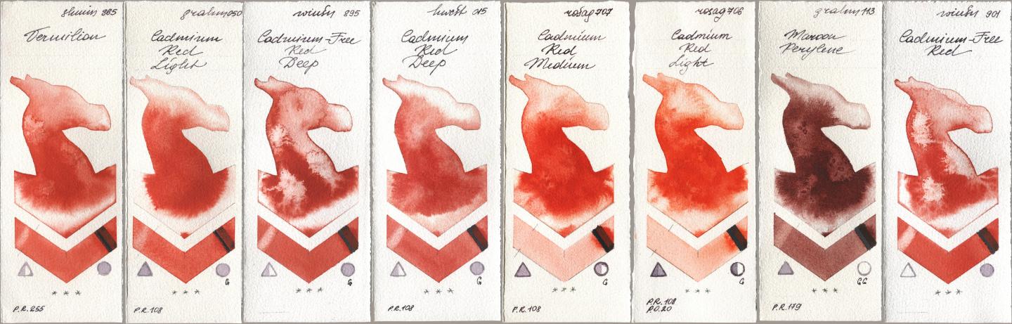 Shminke Horadam Aquarell 365 Vermilion, M. Graham & Co. Artists 050 Cadmium Red Light, Winsor & Newton Professional 895 Cadmium-Free Red Deep, Holbein Artists Watercolor 015 Cadmium Red Deep, Rosa Gallery 707 Cadmium Red Medium, 706 Cadmium Red Light, 113 Maroon Perylene, 901 Cadmium-Free R watercolor swatch