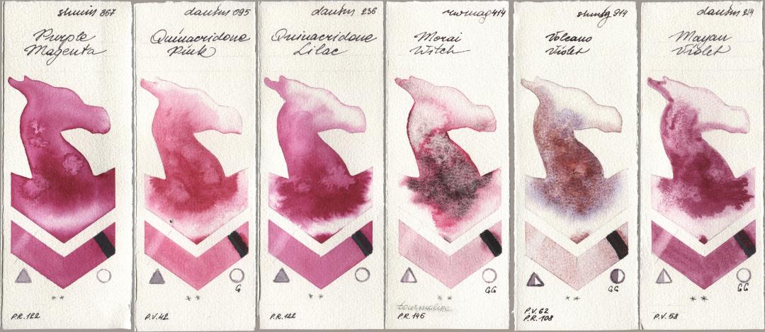 Shminke Horadam Aquarell 367 Purple Magenta, Daniel Smith 095 Quinacridone Pink, 236 Quinacridone Lilac, Rockwell 414 Morai Witch, 914 Volcano Violet, 214 Mayan Viol watercolor swatch