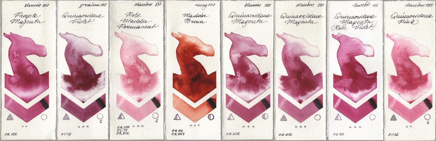 Shminke Horadam Aquarell 367 Purple Magenta, M. Graham & Co. Artists 158 Quinacridone Violet, Daniel Smith 237 Rose Madder Permanent, Rosa Gallery 757 Madder Brown, 369 Quinacridone Magenta, 090 Quinacridone Magenta, Holbein Artists Watercolor 119 Quinacridone Magenta (Rose Violet), 095 Quinacridone Pi watercolor swatch