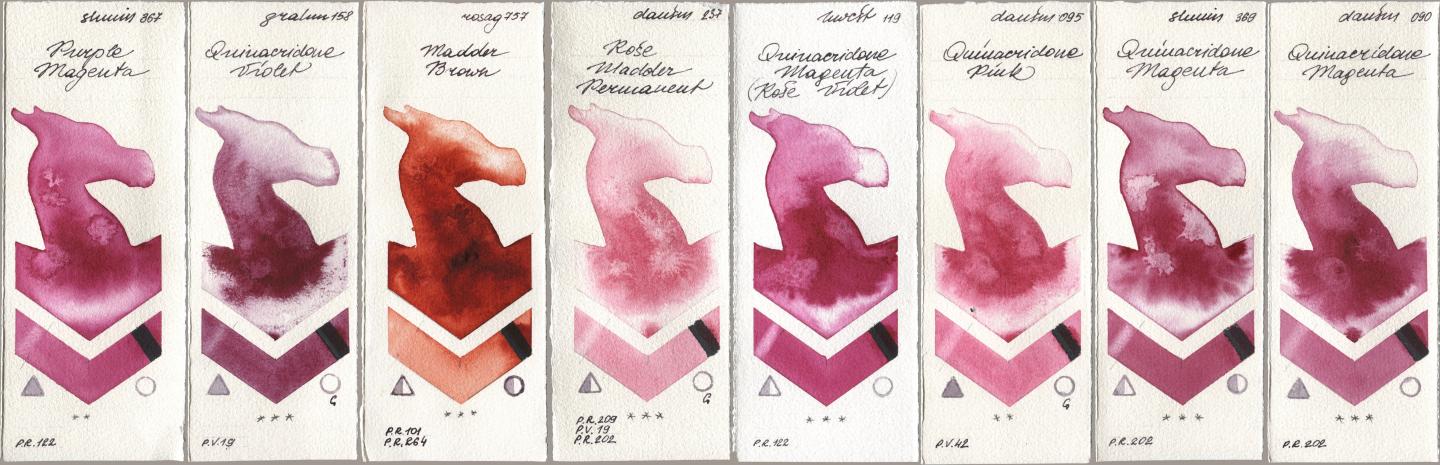 Shminke Horadam Aquarell 367 Purple Magenta, M. Graham & Co. Artists 158 Quinacridone Violet, Rosa Gallery 757 Madder Brown, Daniel Smith 237 Rose Madder Permanent, Holbein Artists Watercolor 119 Quinacridone Magenta (Rose Violet), 095 Quinacridone Pink, 369 Quinacridone Magenta, 090 Quinacridone Magen watercolor swatch