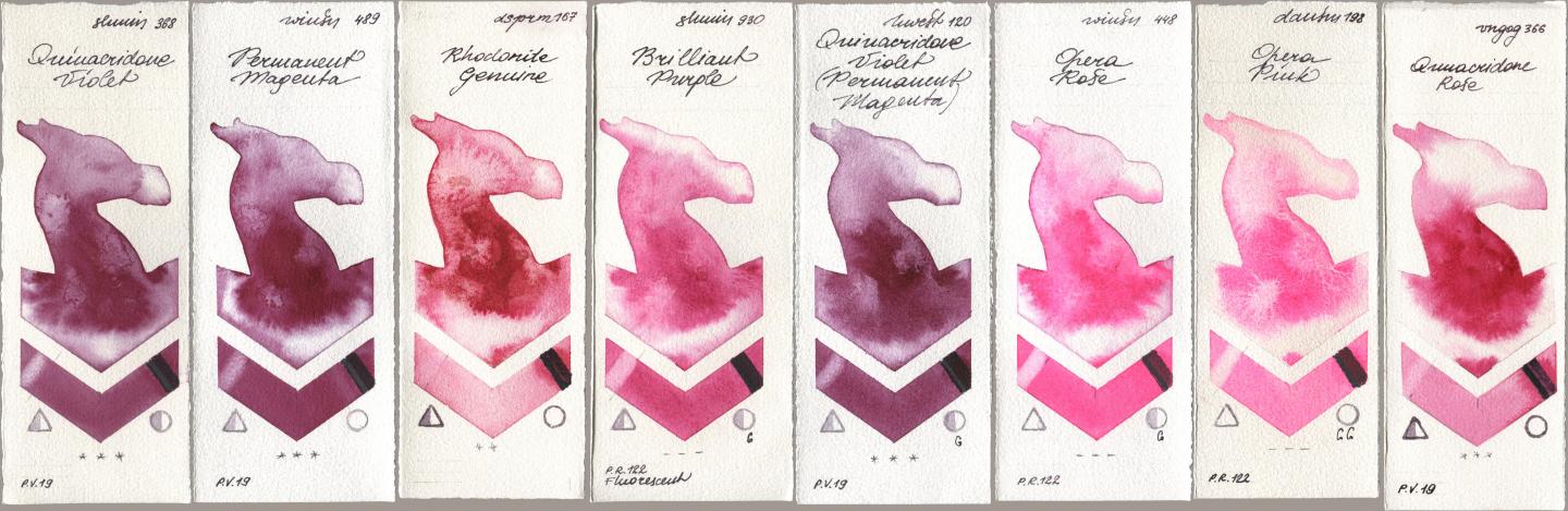 Shminke Horadam Aquarell 368 Quinacridone Violet, Winsor & Newton Professional 489 Permanent Magenta, Daniel Smith 167 Rhodonite Genuine, 930 Brilliant Purple, Holbein Artists Watercolor 120 Quinacridone Violet (Permanent Magenta), 448 Opera Rose, 198 Opera Pink, Royal Talens Van Gogh Watercolour 366 Quinacridone Ro watercolor swatch