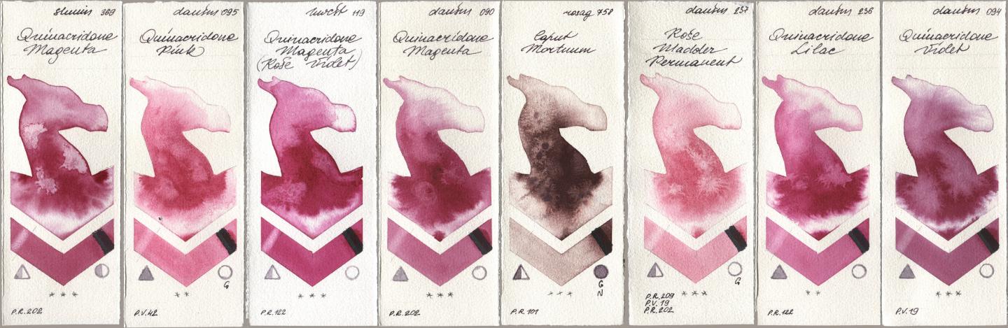 Shminke Horadam Aquarell 369 Quinacridone Magenta, Daniel Smith 095 Quinacridone Pink, Holbein Artists Watercolor 119 Quinacridone Magenta (Rose Violet), 090 Quinacridone Magenta, Rosa Gallery 758 Caput Mortuum, 237 Rose Madder Permanent, 236 Quinacridone Lilac, 094 Quinacridone Viol watercolor swatch