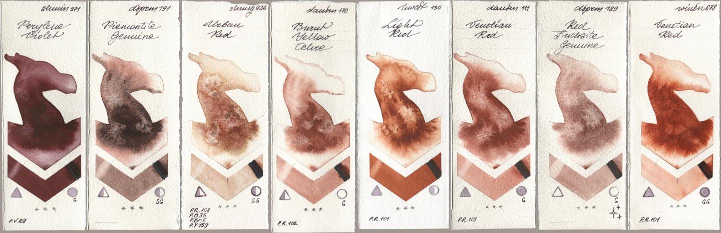 Shminke Horadam Aquarell 371 Perylene Violet, Daniel Smith 191 Piemontite Genuine, 926 Urban Red, 170 Burnt Yellow Ochre, Holbein Artists Watercolor 130 Light Red, 111 Venetian Red, 189 Red Fuchsite Genuine, Winsor & Newton Professional 678 Venetian R watercolor swatch