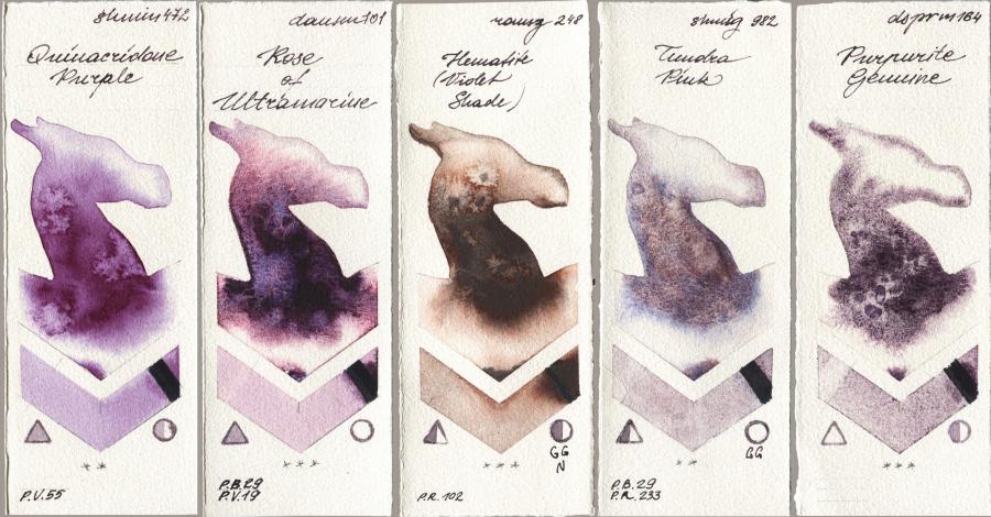 Shminke Horadam Aquarell 472 Quinacridone Purple vs Daniel Smith 101 Rose of Ultramarine vs Roman Szmal Aquarius 248 Hematite (Violet Shade) vs 982 Tundra Pink vs 164 Purpurite Genuine watercolor swatch