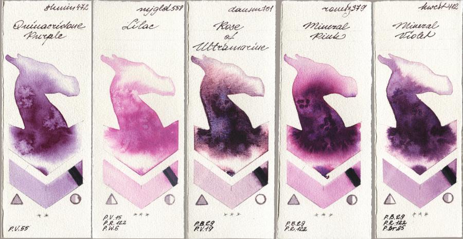 Shminke Horadam Aquarell 472 Quinacridone Purple vs Mijello Mission Gold 558 Lilac vs Daniel Smith 101 Rose of Ultramarine vs Roman Szmal Aquarius 379 Mineral Pink vs Holbein Artists Watercolor 112 Mineral Violet watercolor swatch