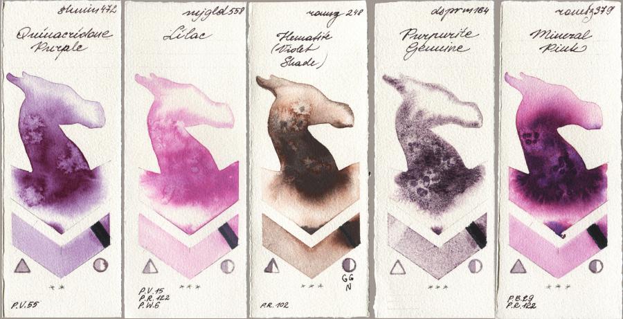 Shminke Horadam Aquarell 472 Quinacridone Purple vs Mijello Mission Gold 558 Lilac vs Roman Szmal Aquarius 248 Hematite (Violet Shade) vs Daniel Smith 164 Purpurite Genuine vs 379 Mineral Pink watercolor swatch