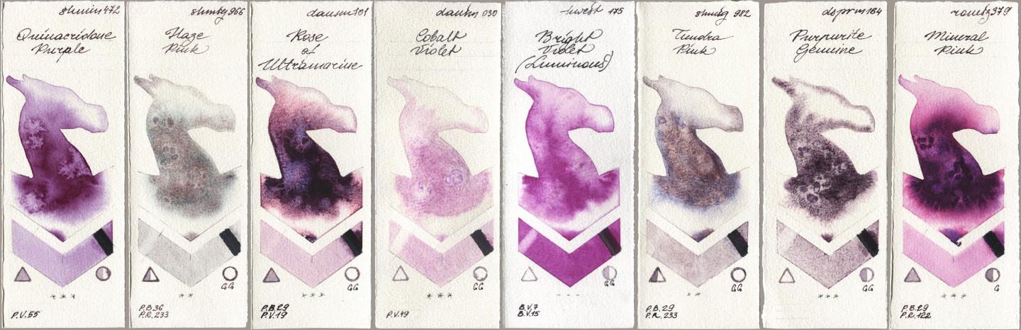 Shminke Horadam Aquarell 472 Quinacridone Purple, 966 Haze Pink, Daniel Smith 101 Rose of Ultramarine, 030 Cobalt Violet, Holbein Artists Watercolor 175 Bright Violet (Luminous), 982 Tundra Pink, 164 Purpurite Genuine, Roman Szmal Aquarius 379 Mineral Pi watercolor swatch
