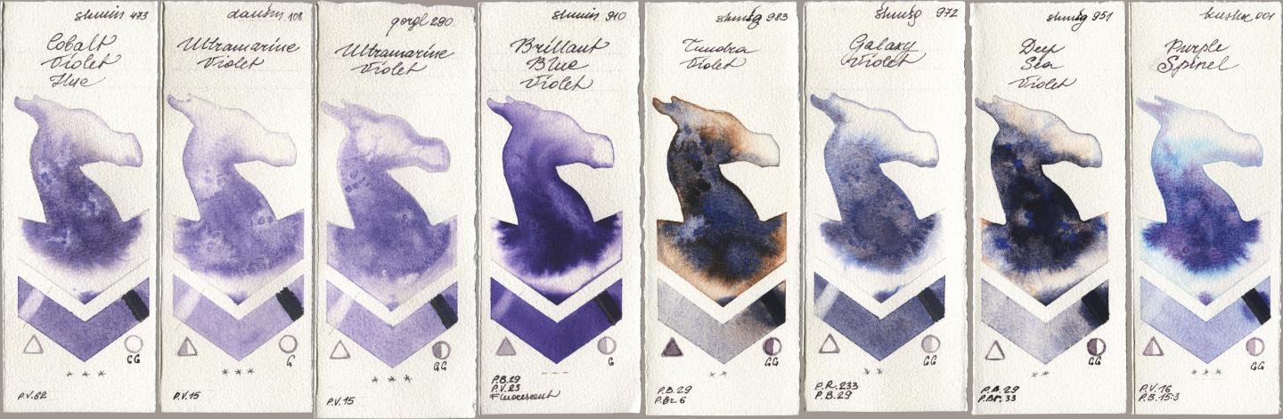 Shminke Horadam Aquarell 473 Cobalt Violet Hue, Daniel Smith 108 Ultramarine Violet, Golden QOR 290 Ultramarine Violet, 910 Brilliant Blue Violet, 983 Tundra Violet, 972 Galaxy Violet, 951 Deep Sea Violet, Kusakabe 001 Purple Spin watercolor swatch