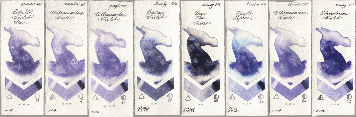 Shminke Horadam Aquarell 473 Cobalt Violet Hue, Daniel Smith 108 Ultramarine Violet, Golden QOR 290 Ultramarine Violet, 972 Galaxy Violet, 951 Deep Sea Violet, Kusakabe 001 Purple Spinel, Shinhan PWC 641 Ultramarine Violet, Roman Szmal Aquarius 377 Strontium Viol watercolor swatch